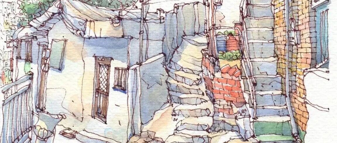 Sit on the street and draw a sketch watercolor, simple but beautiful to my heart!